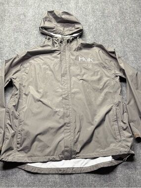 Huk Fishing Rain Jacket Mens 3XL XXXL Gray Packable Full Zip Hooded Vented